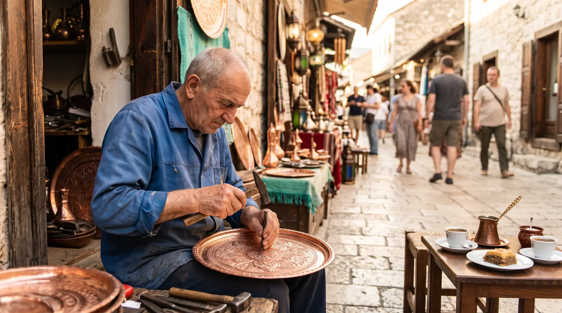 Illustrative AI-created scene of a coppersmith working in an old bazaar