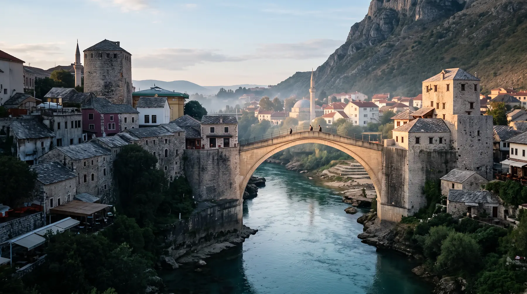 AI-created panorama inspired by Stari Most and Mostar at sunrise